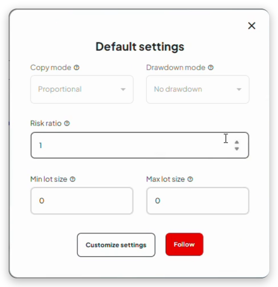 Configuración predeterminada: modo de copia, drawdown, ratio de riesgo y lotes mínimo y máximo.