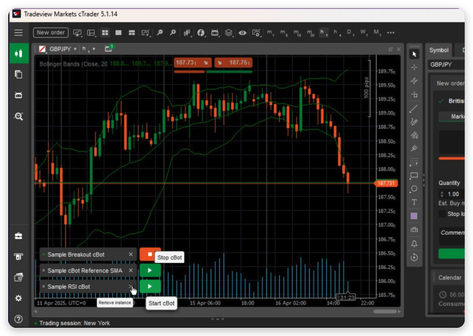 cTrader después de iniciar sesión: gráfico, Market Watch y panel del símbolo activo