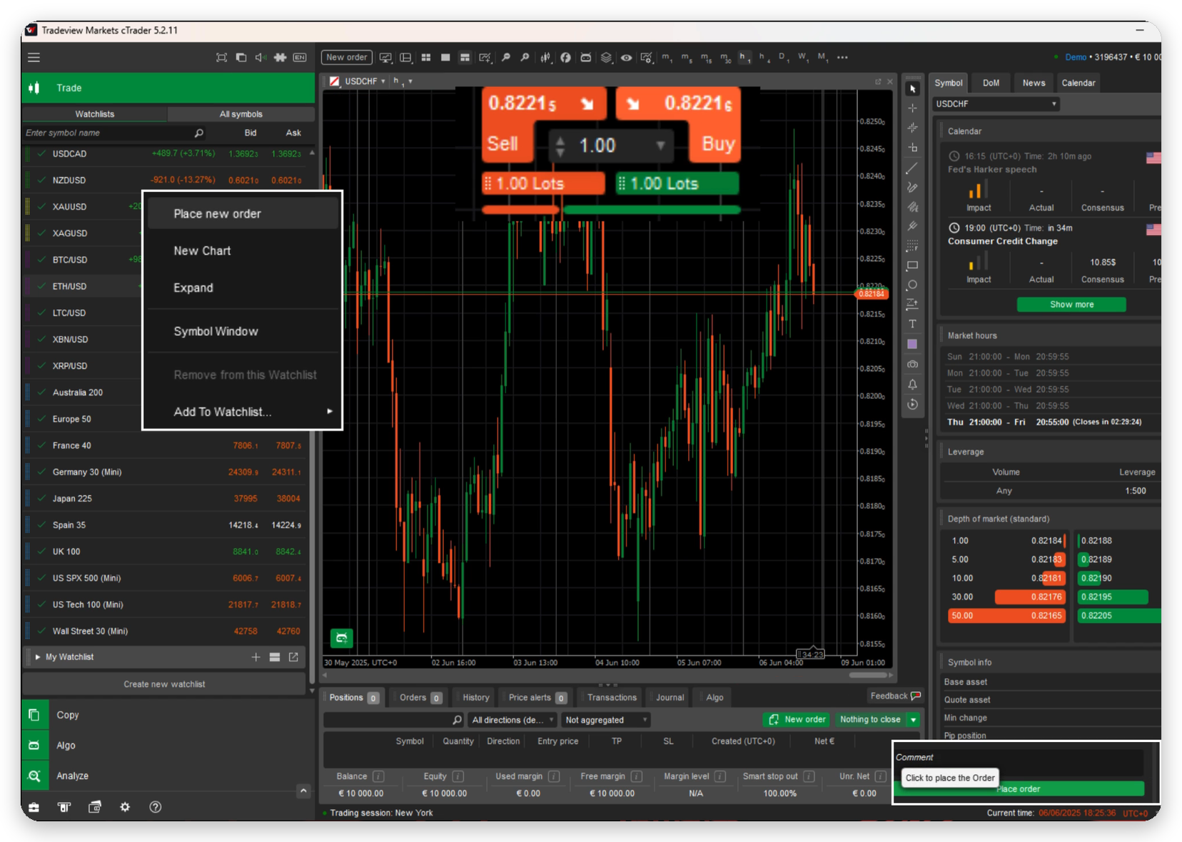 Menú contextual de Market Watch y botones QuickTrade sobre el gráfico