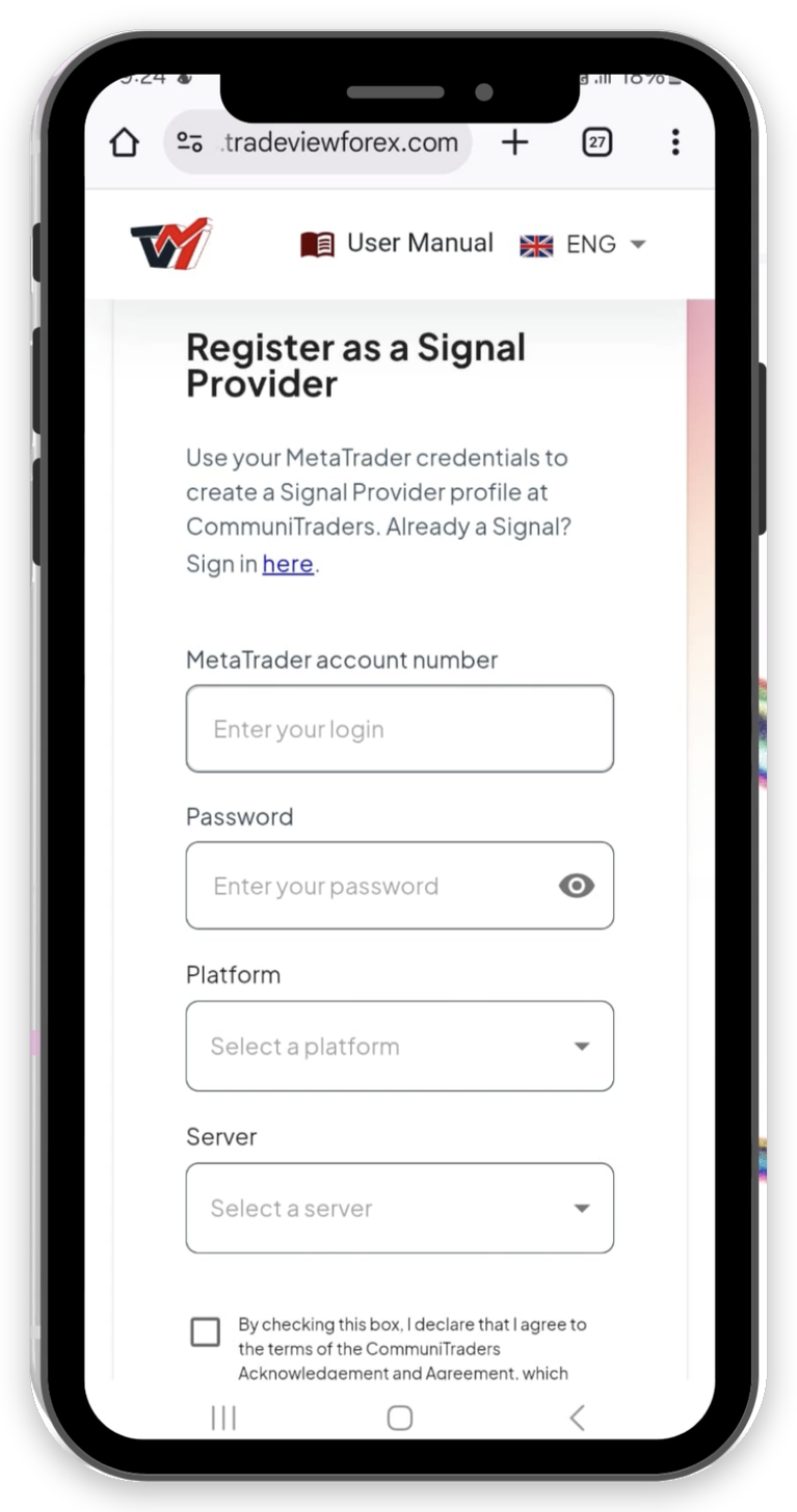 Formulario Register as a Signal Provider: número de cuenta, contraseña, plataforma y servidor