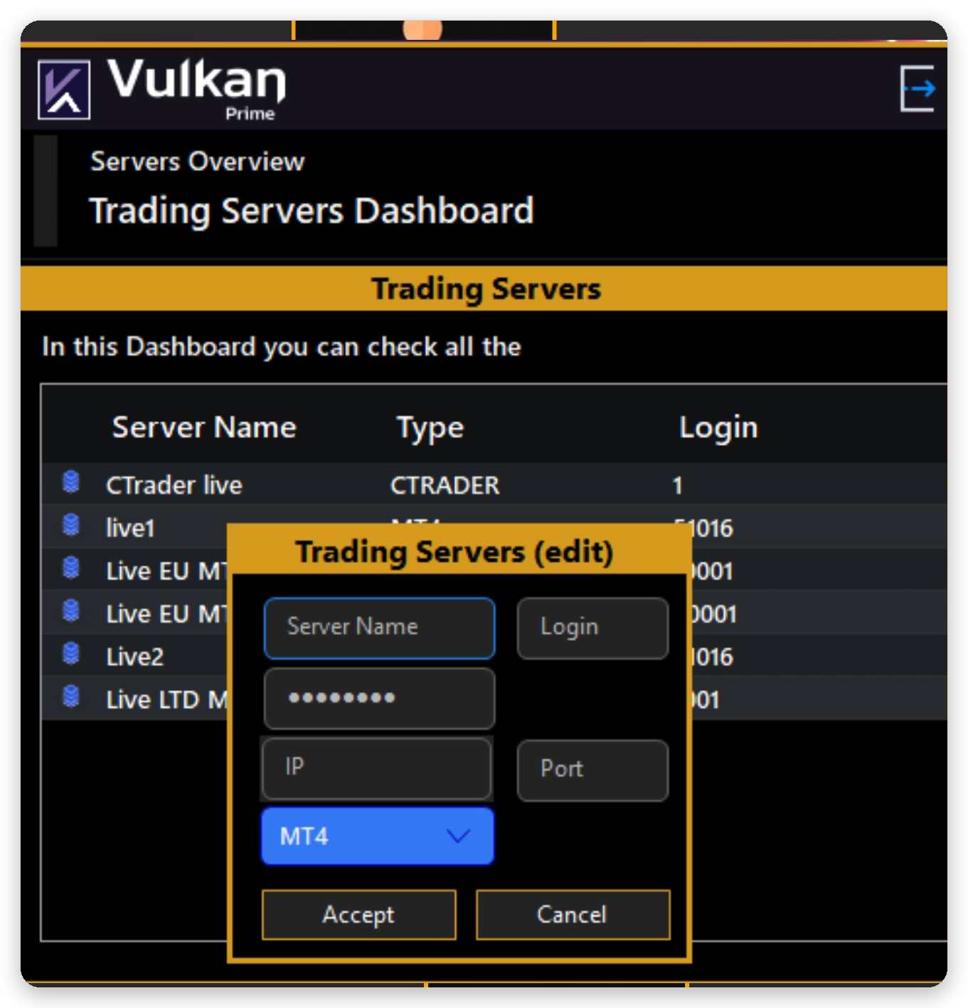 Panel Trading Servers y formulario Trading Servers (edit)