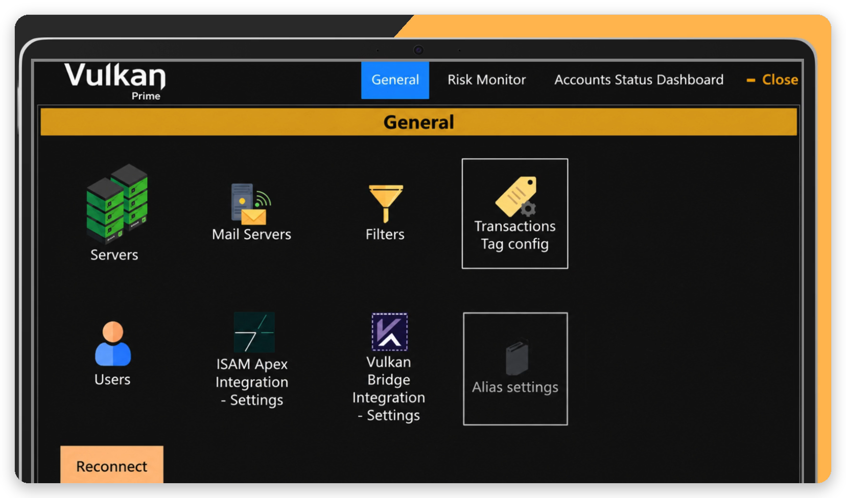 Panel General: Servers, Mail Servers, Filters, Transactions Tag config, Users, Alias settings y Reconnect