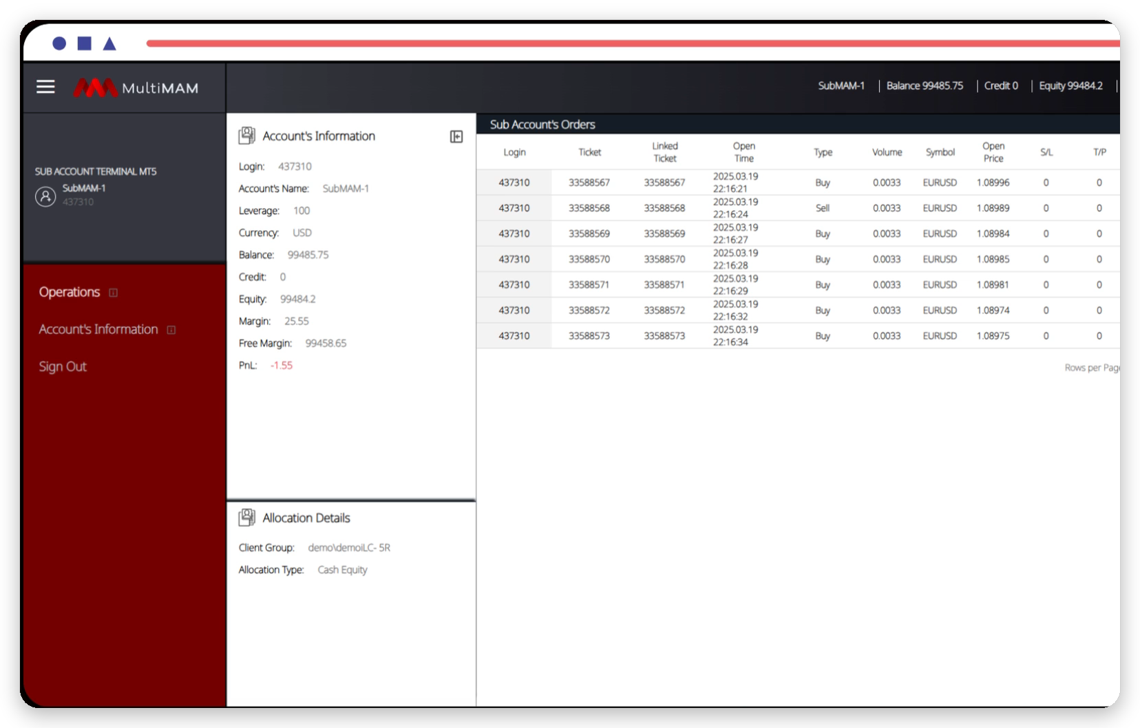 Vista de subcuenta: información de cuenta, órdenes y detalles de asignación