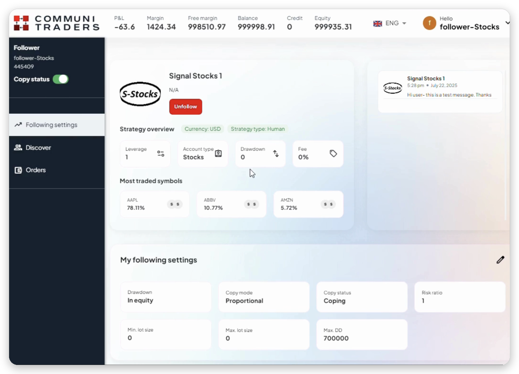 Panel del seguidor: resumen de estrategia, símbolos más operados y configuración de seguimiento