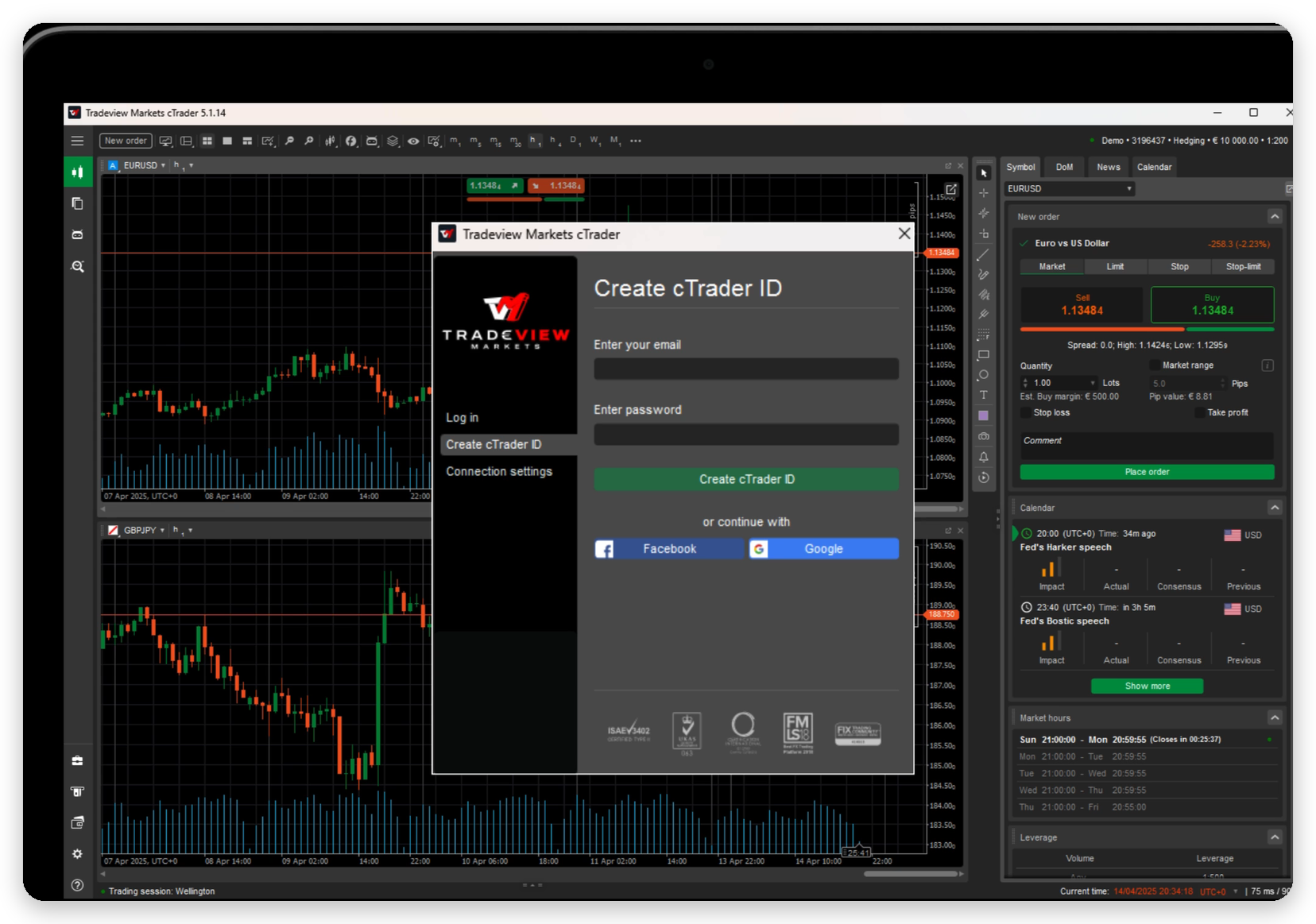 Formulario Create cTrader ID en la pantalla inicial.