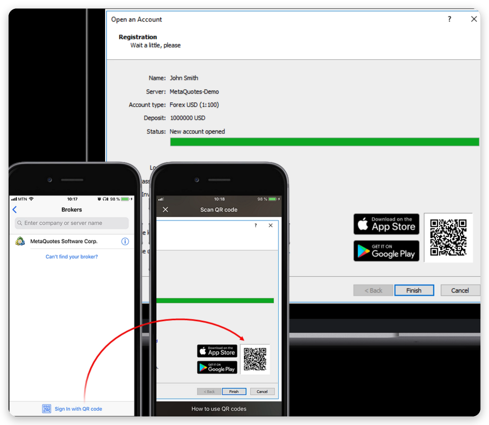 El paso Registration muestra el nuevo usuario y un código QR para la aplicación móvil.