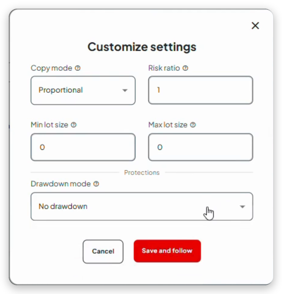 Personalizar configuración: modo de copia, ratio de riesgo, límites de lotes y modo drawdown