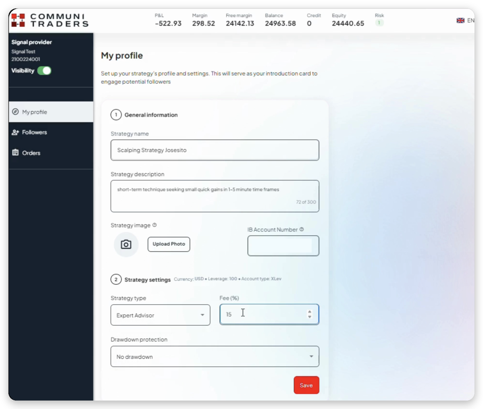 Configuración de estrategia: tipo, comisión y protección de drawdown
