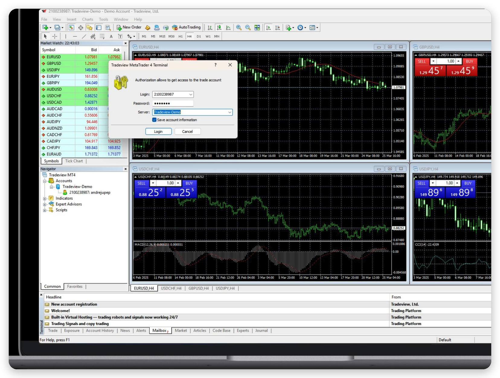Ventana Login to Trade Account sobre el terminal