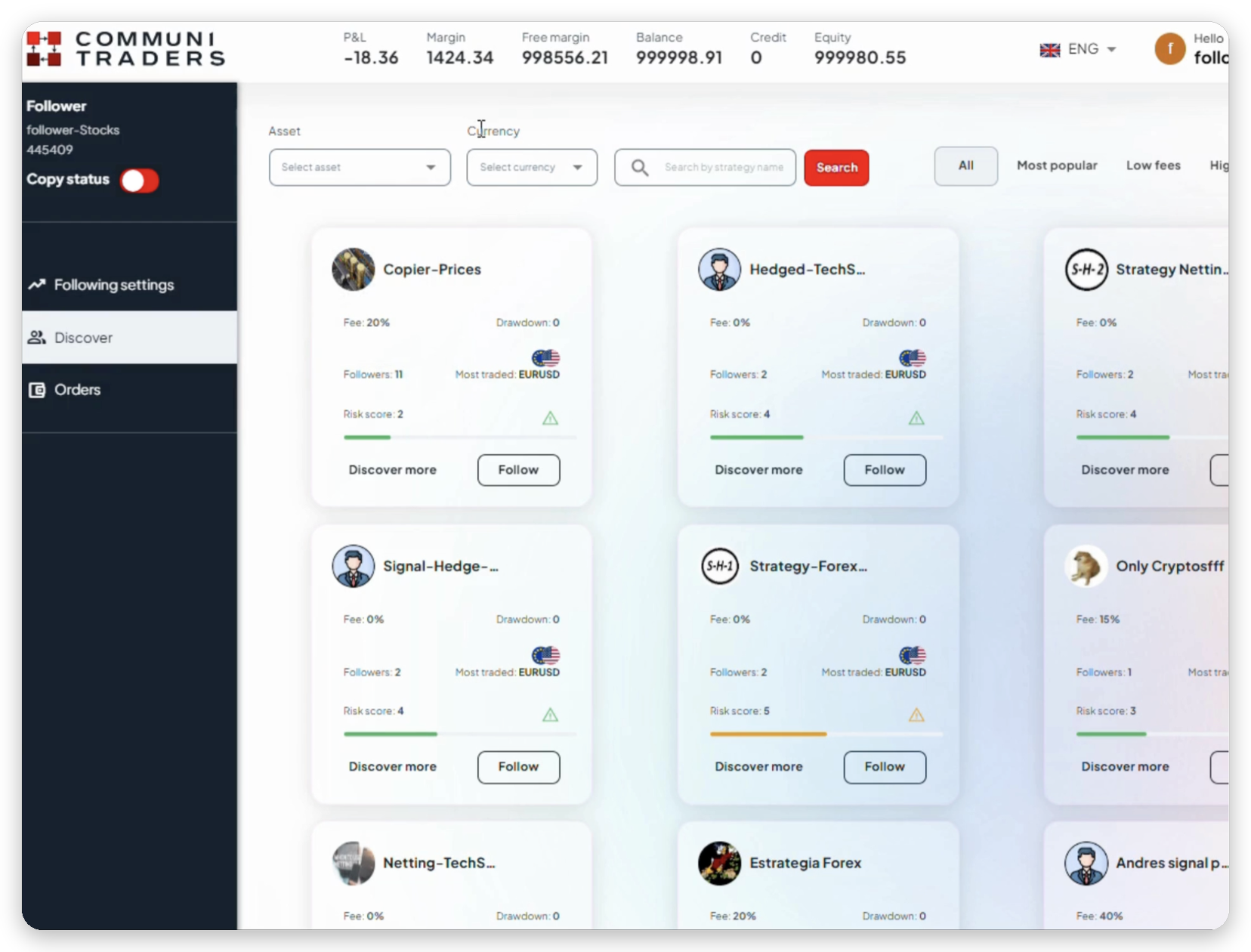 Discover lista proveedores con comisión, drawdown y puntuación de riesgo