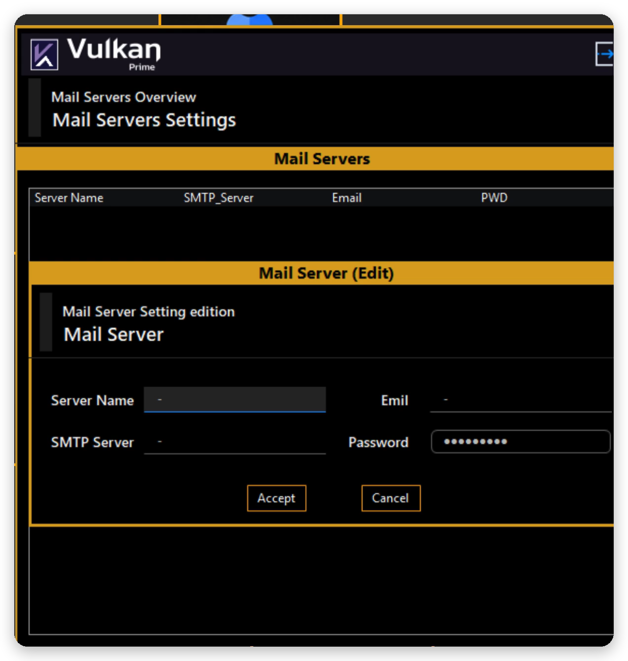Mail Servers Settings con el formulario Mail Server (Edit)